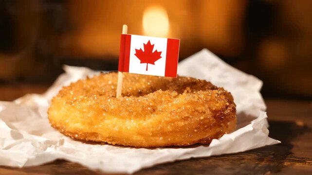 Canadian sugar cruller doughnut with maple leaf flag, steam rising from hot fried pastry dessert, sparkling sugar crystals and warm golden tones, cinematic food video concept for authentic Canadian cu
