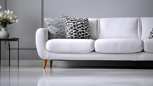 Bright interior white couch, patterned pillows, vase with flowers