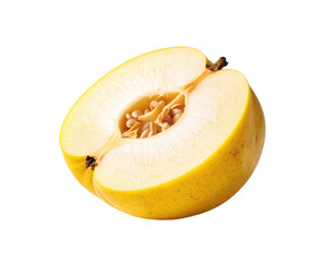 Close-up of a quartered, bright yellow quince, seeds visible