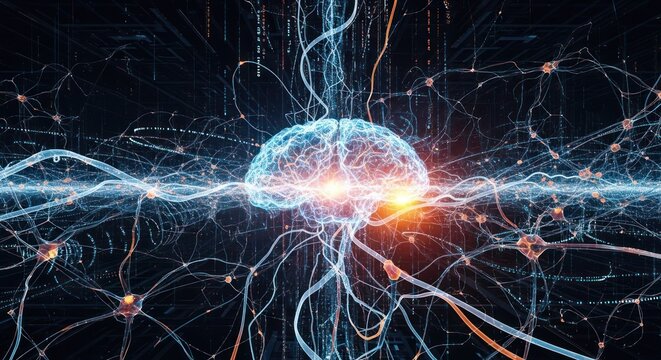Abstract brain network with glowing nodes and synapses illustration