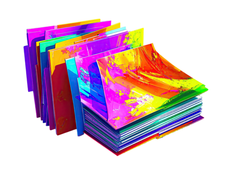 Stack of vibrant, colorful, abstract books or files, layered and distorted