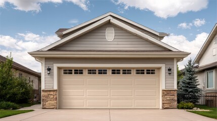 Suburban Home Facade: A detailed view of a modern suburban home's facade, showcasing a well-maintained garage door, with a backdrop of a bright, partly cloudy day and lush landscaping.