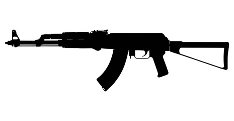 A detailed silhouette of an ak 47 assault rifle with a curved magazine and stock depicted clearly