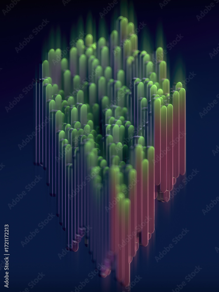 Poster Geometric composition with soaring columns. Green tones with gradient transitions give the image an atmosphere of mystical depth. 3d rendering digital illustration