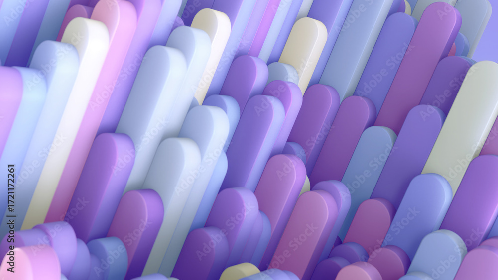 Poster Digital illustration of a group of vertical multicolored columns with rounded edges. The composition creates a sense of futuristic architecture. 3d rendering