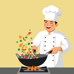 Smiling chef cooks stir-fry with colorful vegetables over a blazing gas stove