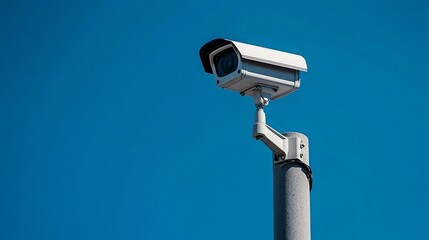 Surveillance camera against a bright blue sky.