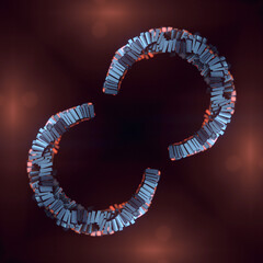 Metal rectangles assembled into symmetrical half rings on dark background with soft orange light and silver elements. Modern futuristic style. 3d rendering digital illustration