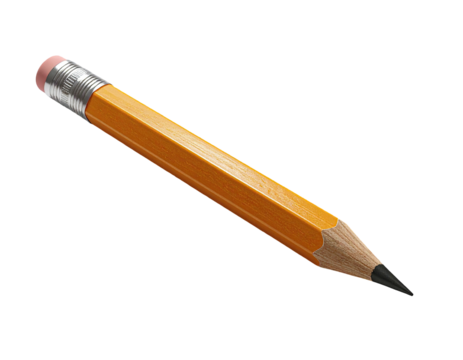 A simple, angled, yellow pencil with eraser
