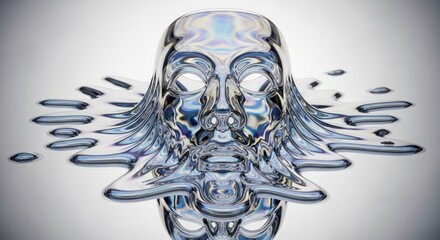 Melting chrome mask, abstract representation of identity and transformation, surreal artwork