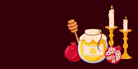 Rosh Hashanah greeting banner with honey jar, honey dipper, pomegranate and candle card for jewish new year celebration in cartoon.