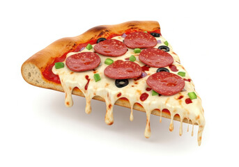 Melting cheese pizza slice with pepperoni, olive and green pepper topping, gooey cheese pull and crisp golden crust evoking savory appetite and indulgent comfort