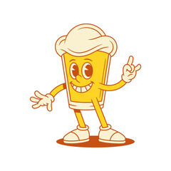Comic beer glass cartoon character with rock gesture vector flat illustration. Funny smiling mascot malt foamy alcohol beverage greeting cool having fun with positive emotion