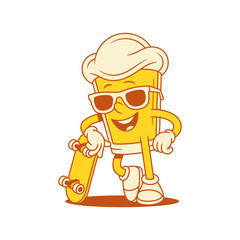 Cool beer glass cartoon character in sunglasses with skateboard vector flat illustration. Comic mascot malt foamy alcohol beverage stylish summer outdoor sport teenager hipster parkour