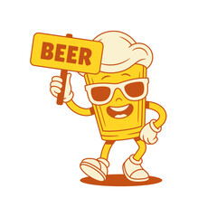 Beer glass cartoon character with signboard vector flat illustration. Comic cool malt foamy alcohol beverage in summer sunglasses and sign plate funky mascot stylish eyeglasses positive emotion