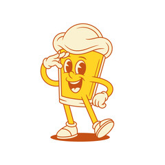 Comic beer glass cartoon character looking forward vector flat illustration. Adorable smiling mascot malt foamy alcohol beverage planning searching gesture with happy positive emotion