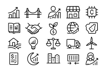 Modern economy twenty black and white line icons for business concepts. Suitable for websites, presentations, and marketing materials focused on current markets.