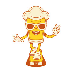 Cool beer glass cartoon character in sunglasses riding skateboard vector flat illustration. Comic malt foamy alcohol beverage mascot hipster teenager parkour board rider enjoy summer