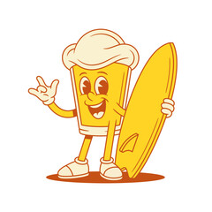 Comic beer glass cartoon character with surfboard vector flat illustration. Cool relaxed malt foamy alcohol beverage mascot with summer seaside sport board activity positive emotion