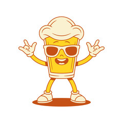 Cool funny beer glass cartoon character in sunglasses vector flat illustration. Funky smiling malt foamy alcohol beverage summer mascot showing rock gesture with positive emotion