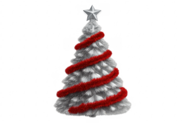 White furry christmas tree with red tinsel and star