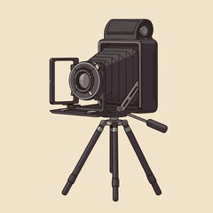 Classic black camera on tripod, bellows extended, on light beige background