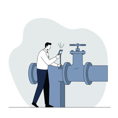 Man checks large blue valve with a digital device, minimal line art style