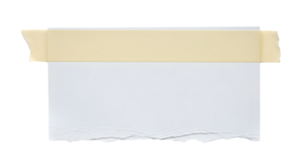A torn piece of white paper held by a strip of yellow masking tape, isolated on a transparent background