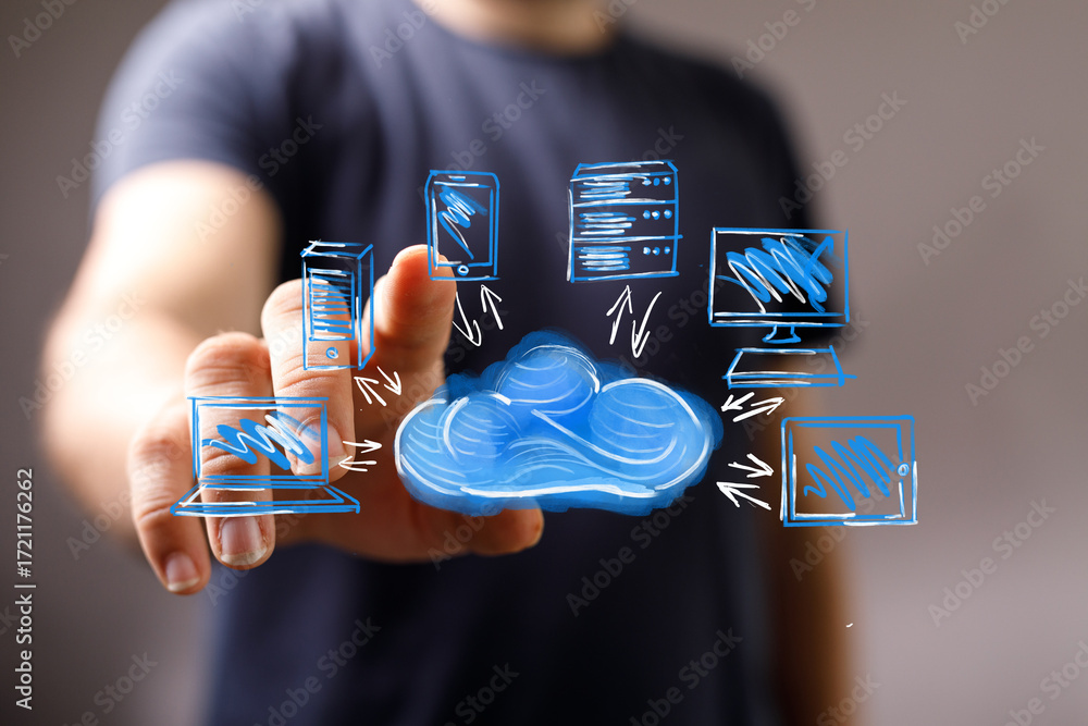 Poster hand interacting with cloud computing network. digital devices connected to cloud storage. technolog