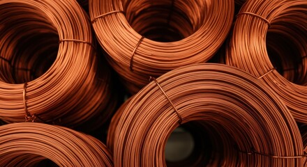Close-up of Coiled Copper Wires in Industrial Storage 