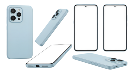 Collection of light blue smartphone mockups from different angles, showcasing the camera module and screen, isolated on transparent background