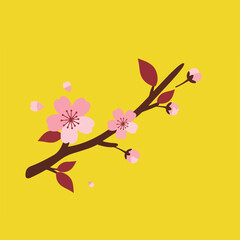Stylized branch with pink flowers and burgundy leaves on goldenrod background