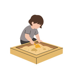 Child plays with sand in a square sandbox using a small, yellow shovel