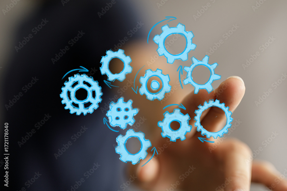 Poster abstract image of gears symbolizing teamwork, workflow, process, strategy, and efficient collaborati