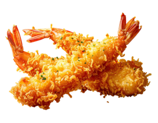 Two breaded shrimp, golden brown, crispy coating,  seafood, Asian style