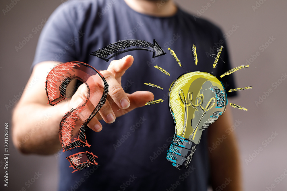 Poster close-up of a man's hand reaching out to touch a virtual screen. perfect for technology, innovation,