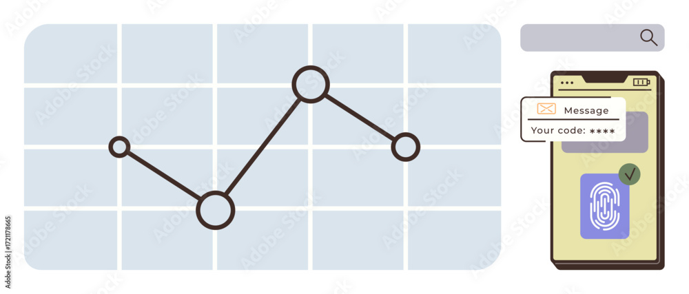 Aufkleber trendline graph with data points beside a smartphone screen showing fingerprint authentication and s