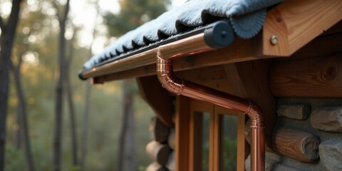 Obraz premium Rustic Cabin Detail Copper Gutter and Wooden Roofline with Winter's Subtle Touch