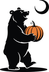 Halloween bear clutching pumpkin silhouette vector