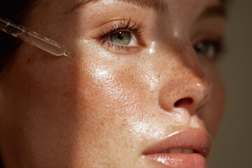 Obraz premium applying serum near eye on freckled skin, close-up portrait of a woman gazing away from camera in warm light, skincare and beauty scene for cosmetics brands, spa and wellness concepts