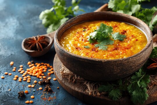 Creamy Indian red lentil dhal with cilantro garnish in a rustic bowl on slate background, high resolution, bright spices