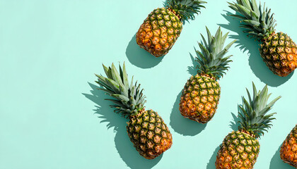 Fototapeta premium Overhead shot of several ripe pineapples arranged on a vibrant turquoise background, casting shadows.