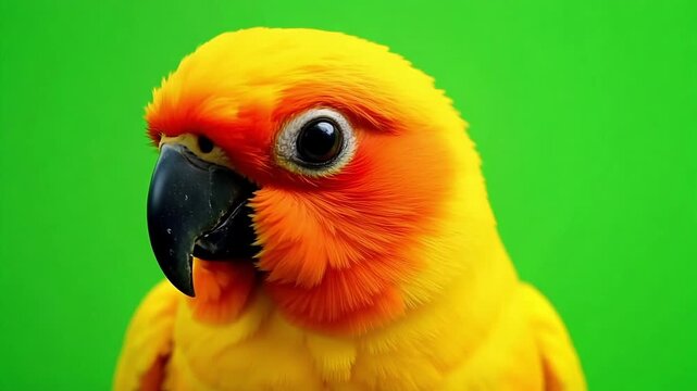 Vibrant sun conure parrot looking directly at the camera against bright green background, a burst of tropical color and curious charm in motion