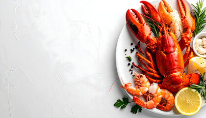 Freshly cooked lobster and shrimp on a white plate, garnished with herbs and lemon.