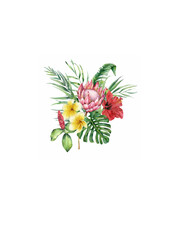 Watercolor tropical flowers and leaves bouquet. Hand painted protea, hibiscus and plumeria isolated on white background.ai