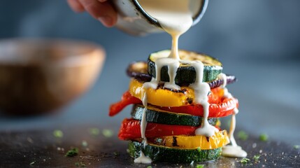 Gourmet grilled vegetable stack with creamy sauce for healthy dining, ,National Condiment Month