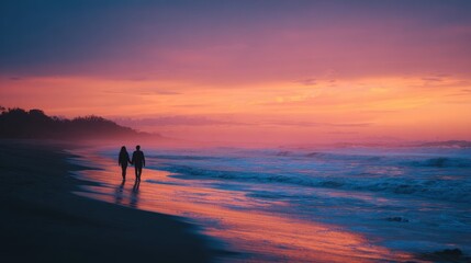 Obraz premium couple walking on beach at sunset, silhouettes holding hands along the shoreline at dusk, vibrant orange-pink sky, waves rolling in, calm romantic scene, suitable for travel, romance