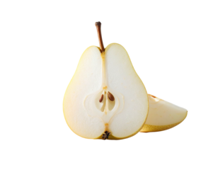 A pear cut in half, displaying its flesh and seeds
