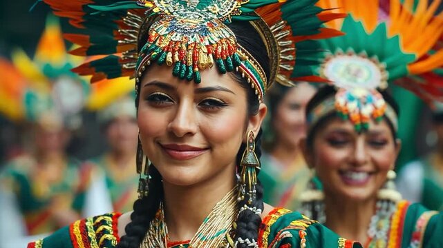 Mexican cinco de mayo, parades with dancers in vibrant costumes, flags and music filling the streets, festive atmosphere.