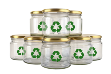 Hopeful group of glass jars with green recycle symbol on transparent background
